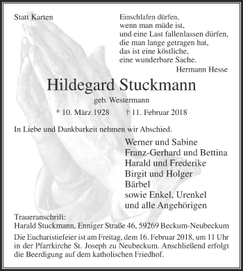 Traueranzeige von Hildegard Stuckmann von Die Glocke