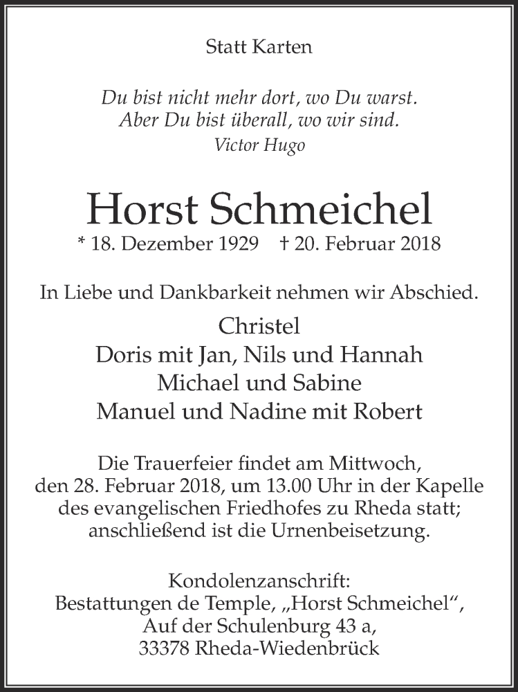  Traueranzeige für Horst Schmeichel vom 24.02.2018 aus Die Glocke