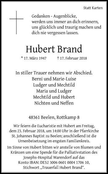 Traueranzeige von Hubert Brand von Die Glocke
