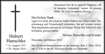 Traueranzeige von Hubert Hanschke von Die Glocke