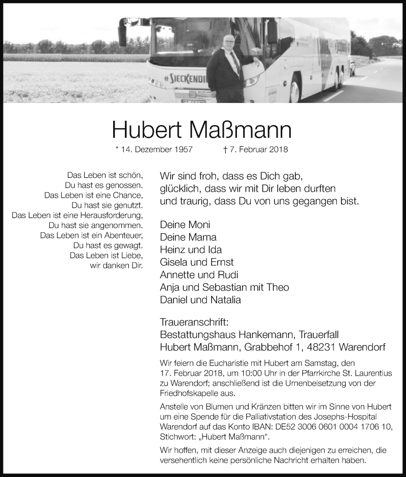  Traueranzeige für Hubert Maßmann vom 10.02.2018 aus Die Glocke