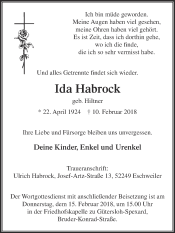 Traueranzeige von Ida Habrock von Die Glocke