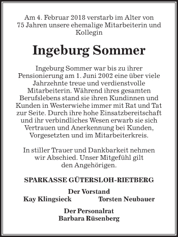 Traueranzeige von Ingeburg Sommer von Die Glocke