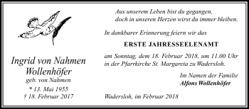 Traueranzeige von Ingrid von Nahmen Wollenhöfer von Die Glocke