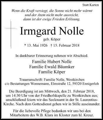 Traueranzeige von Irmgard Nolle von Die Glocke