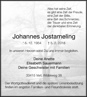 Traueranzeige von Johannes Jostameling von Die Glocke
