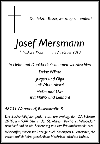 Traueranzeige von Josef Mersmann von Die Glocke