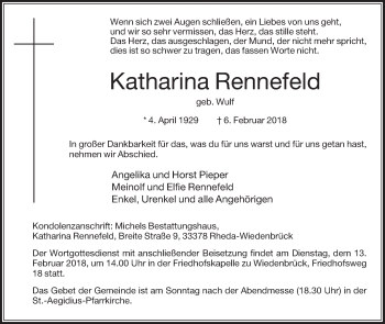 Traueranzeige von Katharina Rennefeld von Die Glocke