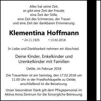 Traueranzeige von Klementina Hoffmann von Die Glocke