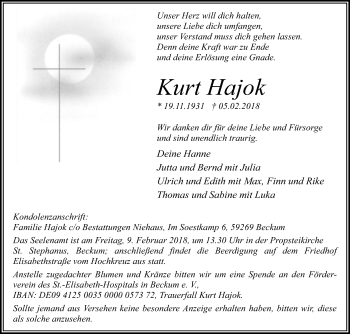 Traueranzeige von Kurt Hajok von Die Glocke