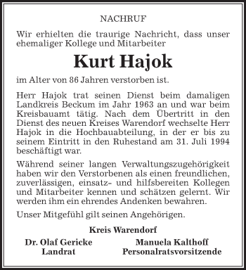 Traueranzeige von Kurt Hajok von Die Glocke
