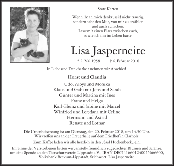 Traueranzeige von Lisa Jasperneite von Die Glocke