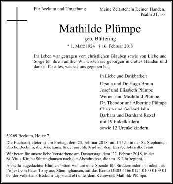 Traueranzeige von MAthilde Plümpe von Die Glocke