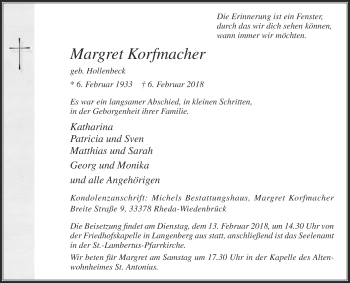 Traueranzeige von Margret Korfmacher von Die Glocke