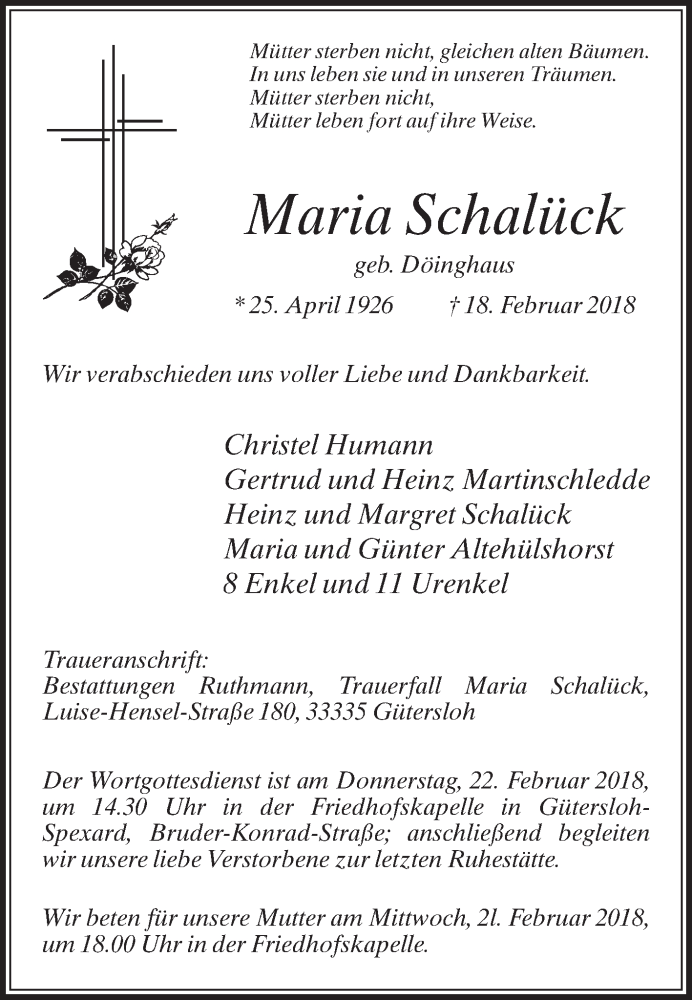  Traueranzeige für Maria Schalück vom 20.02.2018 aus Die Glocke