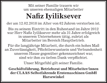 Traueranzeige von Nafiz Iyiliksever von Die Glocke