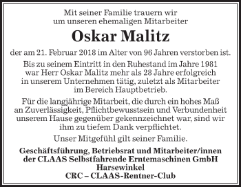 Traueranzeige von Oskar Malitz von Die Glocke