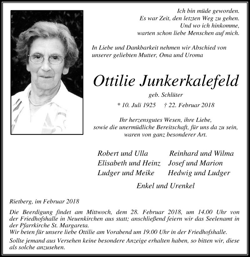 Traueranzeige für Ottilie Junkerkalefeld vom 24.02.2018 aus Die Glocke