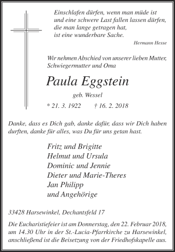 Traueranzeige von Paula Eggstein von Die Glocke
