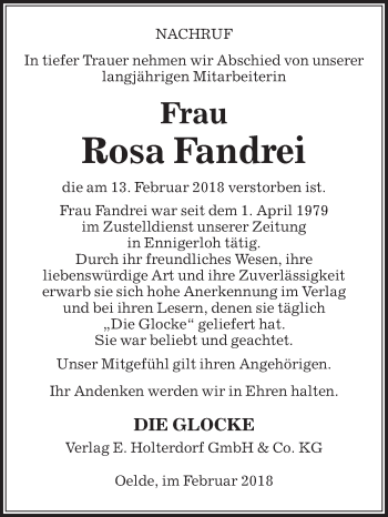 Traueranzeige von Rosa Fandrei von Die Glocke