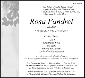 Traueranzeige von Rosa Fandrei von Die Glocke