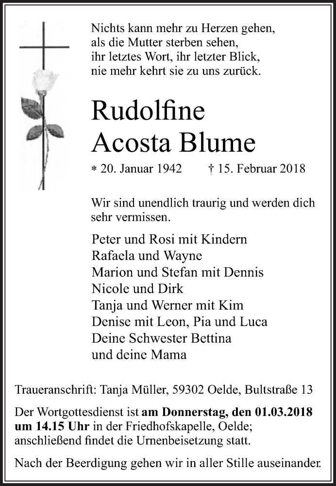  Traueranzeige für Rudolfine Acosta Blume vom 28.02.2018 aus Die Glocke