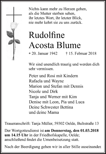 Traueranzeige von Rudolfine Acosta Blume von Die Glocke