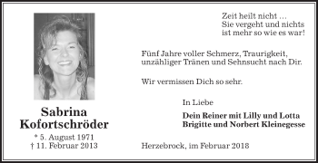 Traueranzeige von Sabrina Kofortschröder von Die Glocke