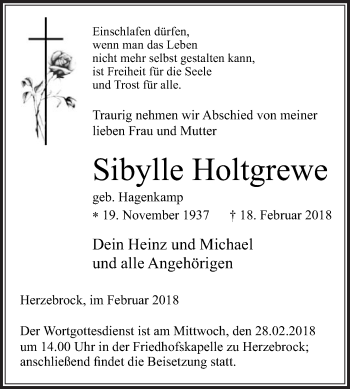 Traueranzeige von Sibylle Holtgrewe von Die Glocke