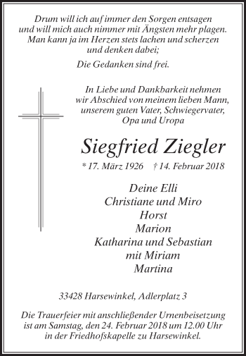 Traueranzeige von Siegfried Ziegler von Die Glocke