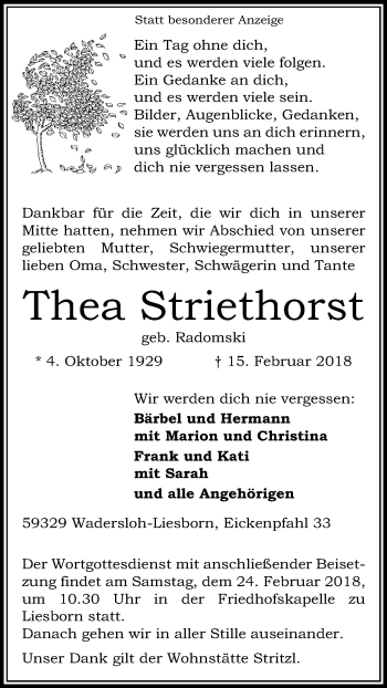 Traueranzeige von Thea Striethorst von Die Glocke