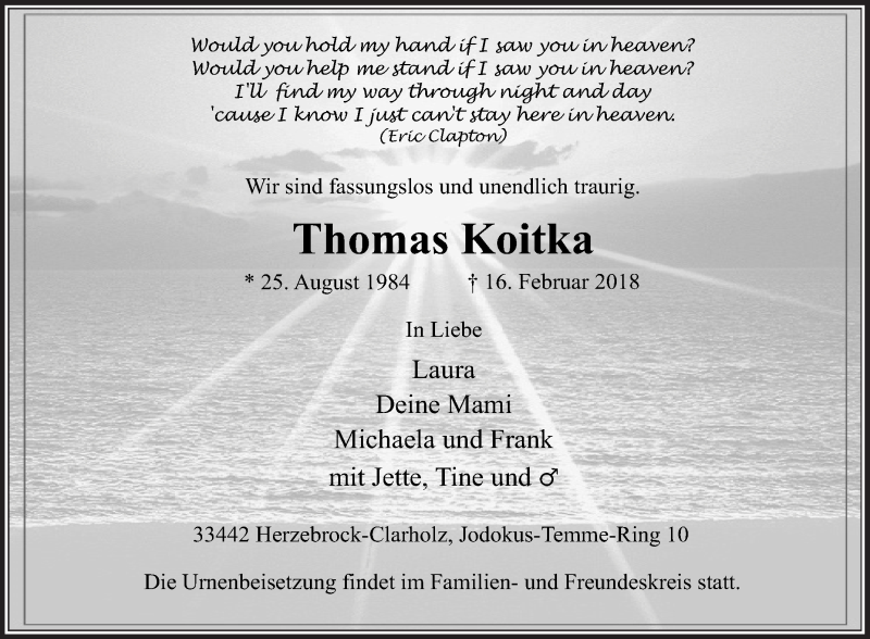  Traueranzeige für Thomas Koitka vom 21.02.2018 aus Die Glocke