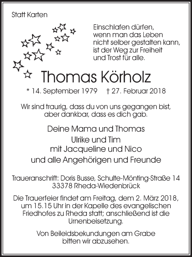  Traueranzeige für Thomas Körholz vom 28.02.2018 aus Die Glocke