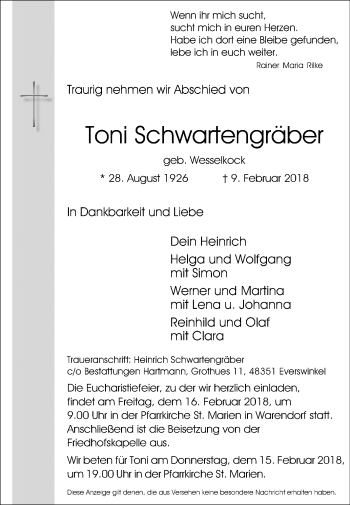 Traueranzeige von Toni Schwartengräber von Die Glocke