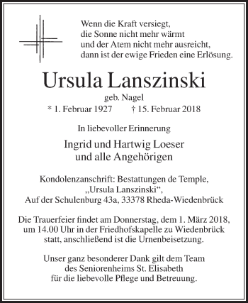 Traueranzeige von Ursula Lanszinski von Die Glocke