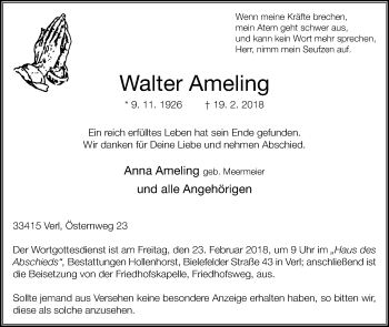 Traueranzeige von Walter Ameling von Die Glocke