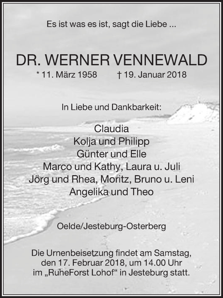  Traueranzeige für Werner Vennewald vom 02.02.2018 aus Die Glocke