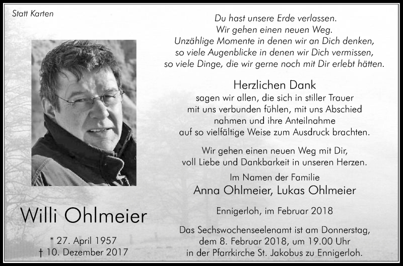 Traueranzeige für Willi Ohlmeier vom 03.02.2018 aus Die Glocke