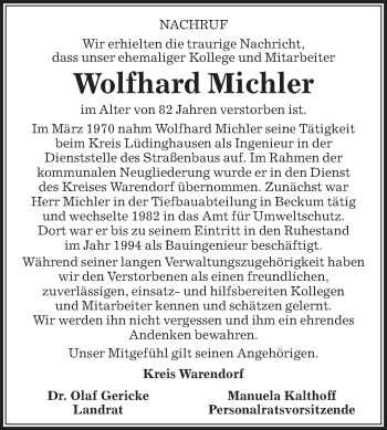 Traueranzeige von Wolfhard Michler von Die Glocke