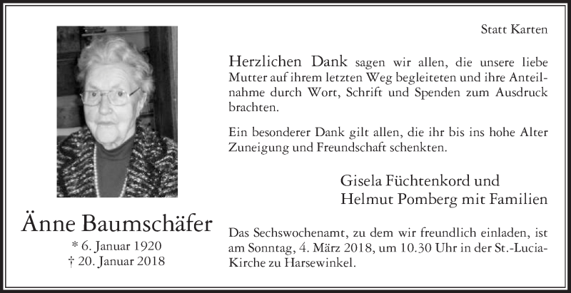 Traueranzeige für Änne Baumschäfer vom 24.02.2018 aus Die Glocke