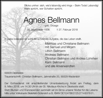 Traueranzeige von Agnes Bellmann von Die Glocke