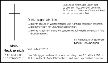 Traueranzeige von Alois Reckhenrich von Die Glocke