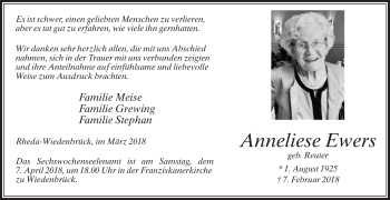 Traueranzeige von Anneliese Ewers von Die Glocke