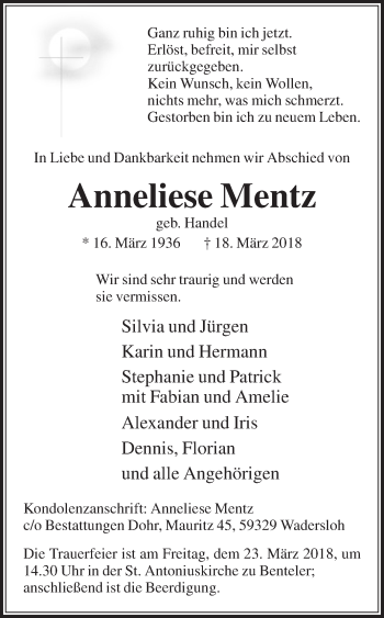 Traueranzeige von Anneliese Mentz von Die Glocke