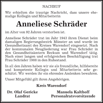 Traueranzeige von Anneliese Schräder von Die Glocke