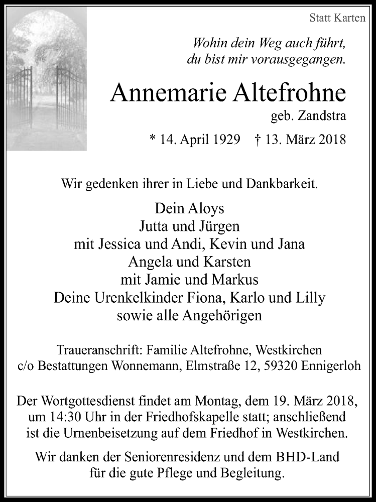 Traueranzeige für Annemarie Altefrohne vom 15.03.2018 aus Die Glocke