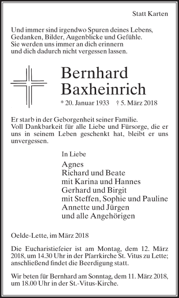 Traueranzeige von Bernhard Baxheinrich von Die Glocke