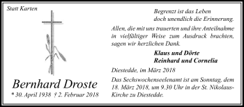 Traueranzeige von Bernhard Droste von Die Glocke
