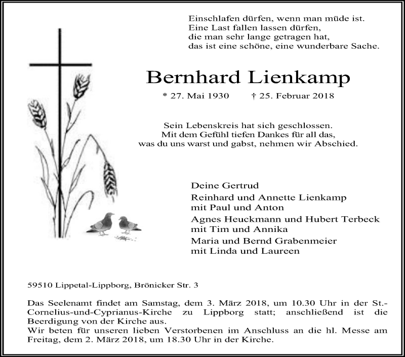  Traueranzeige für Bernhard Lienkamp vom 01.03.2018 aus Die Glocke