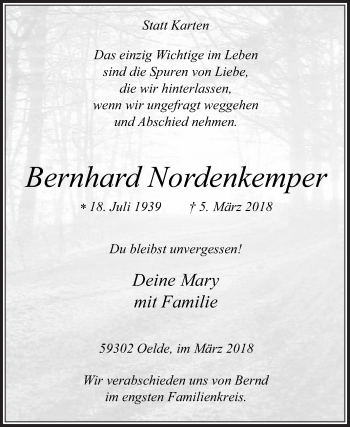Traueranzeige von Bernhard Nordenkemper von Die Glocke